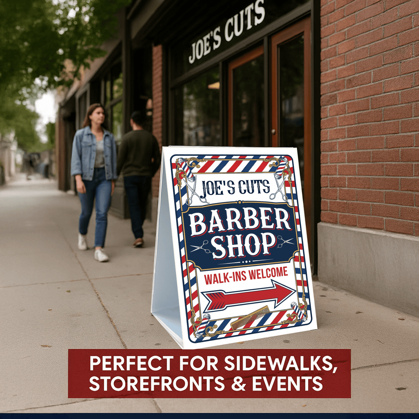 2 - Pack Custom Barber Shop A - Frame Signs – Walk - Ins Welcome with Directional Arrows – 2 - Sided 24"x38" Red White Blue Plastic Sandwich Board