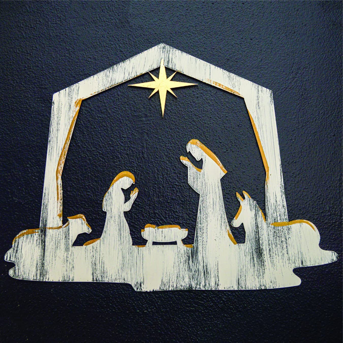 Christmas Nativity Wall Art, Handpainted 3D Wall Decor, 18x23 Inches, White with Gold Paint