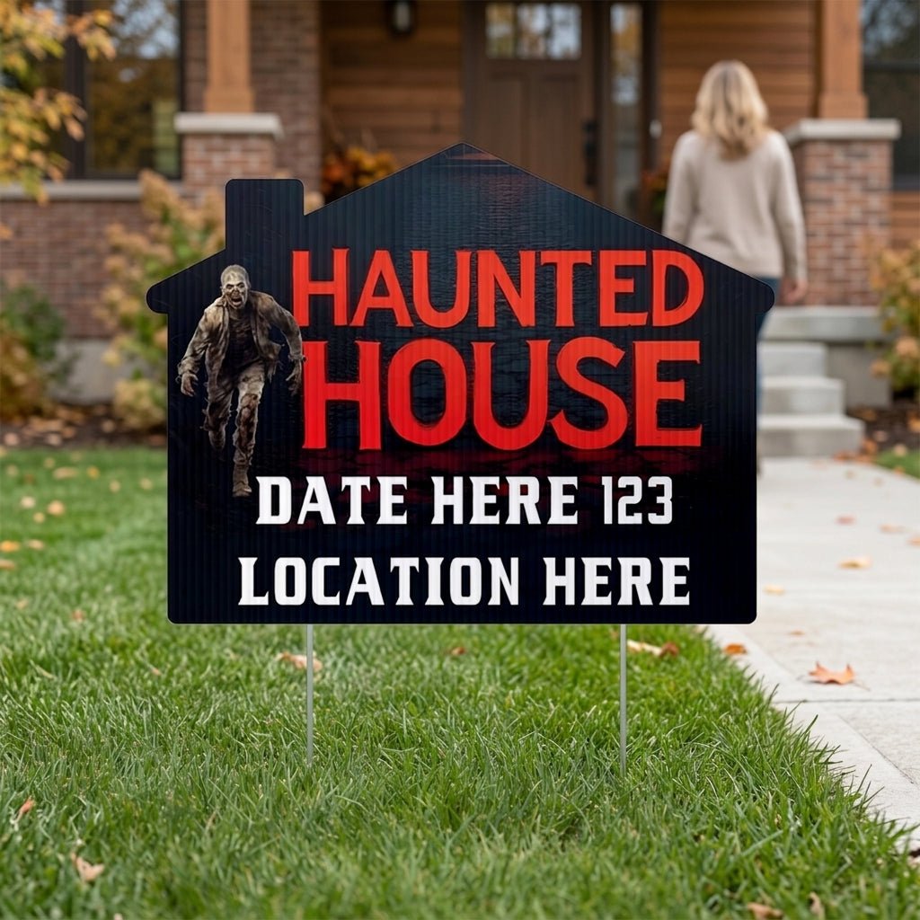 Custom Huanted House Yard Signs | 10 - Pack | 20 EZ Stakes Included