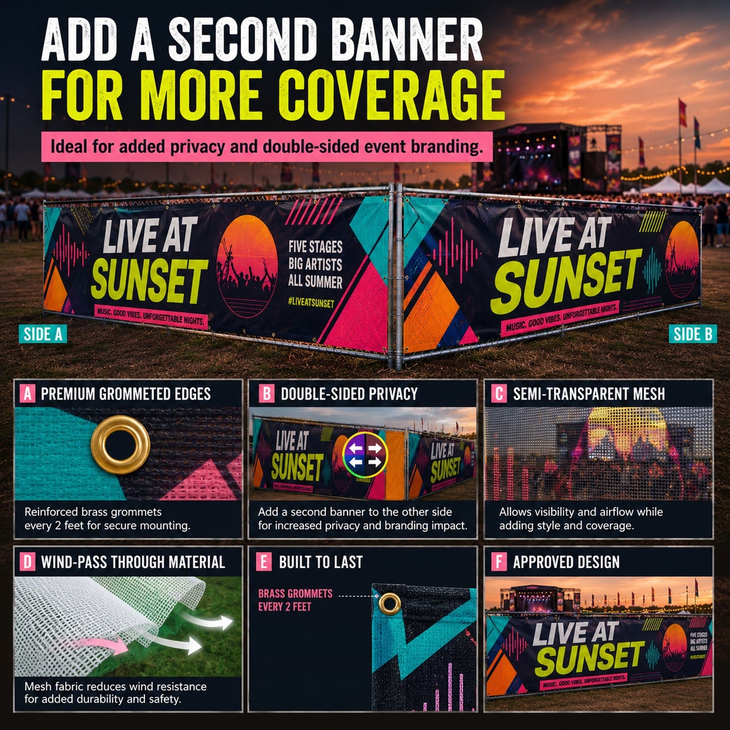 Custom Mesh Fence Banner for Concerts, Festivals & Events – Personalized Outdoor Wind-Permeable Fence Wrap