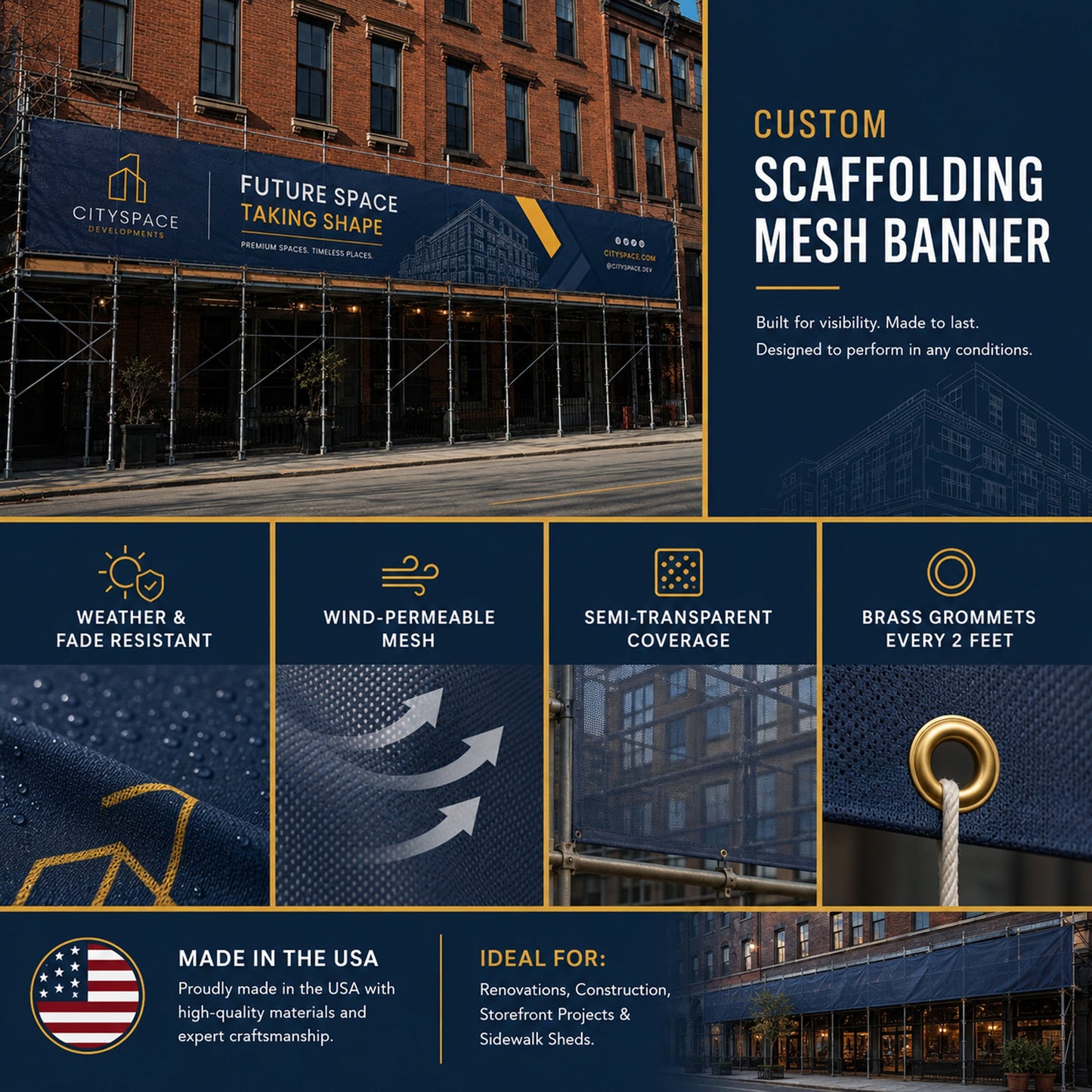 Custom Scaffolding Mesh Banner 6'x50' Outdoor Construction Fence Wrap for Buildings, Renovations & Job Sites