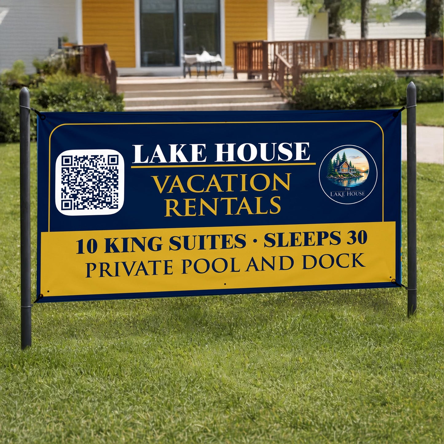 Custom Vacation Rental Banner | Lake House Sign with QR Code, Logo & Custom Text