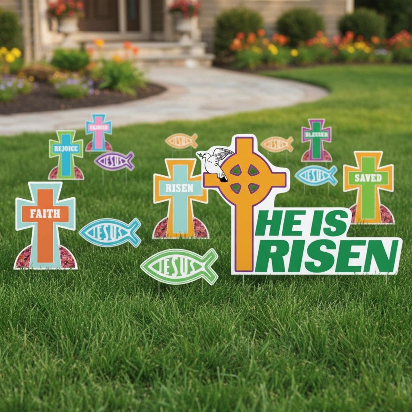 Easter Yard Sign Set – “He Is Risen” Religious Lawn Display (13 - Piece Set with Stakes)