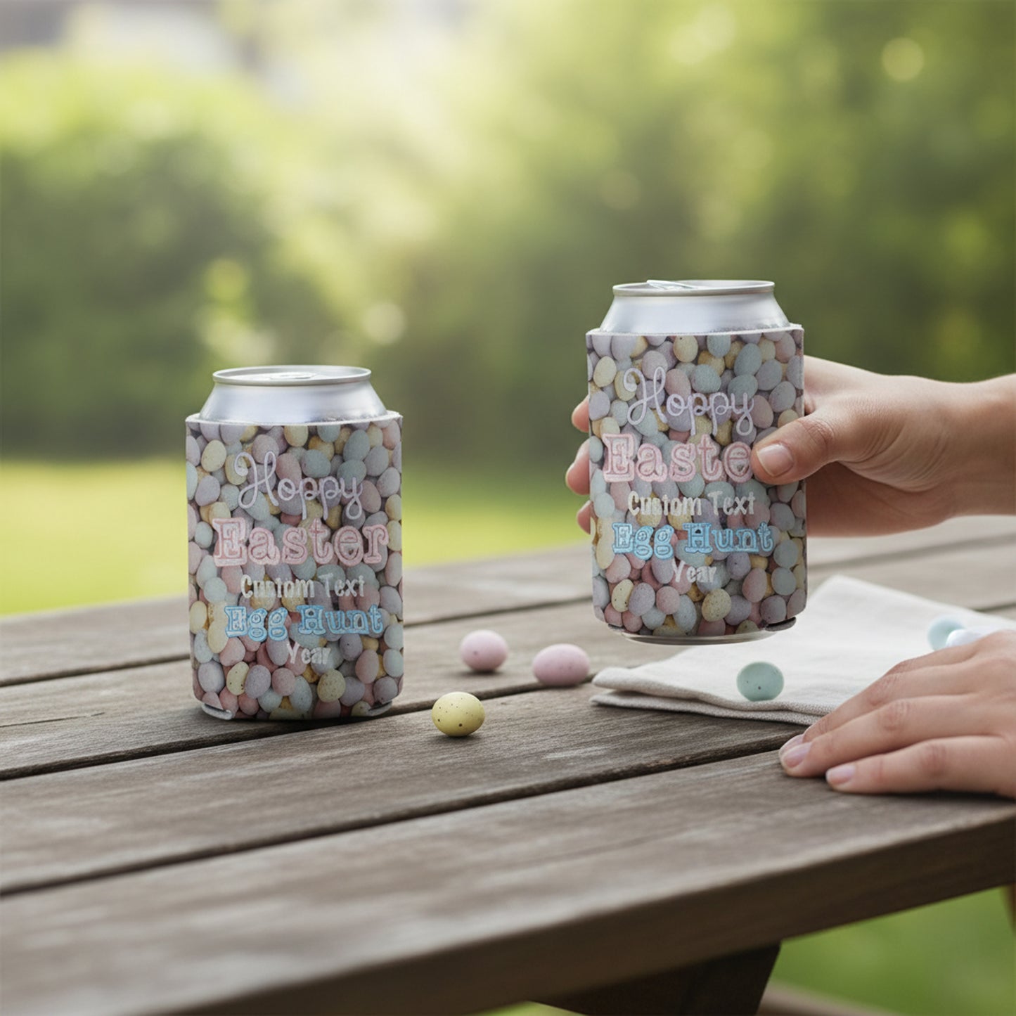 Custom Easter Egg Hunt Can and Beverage Coolers