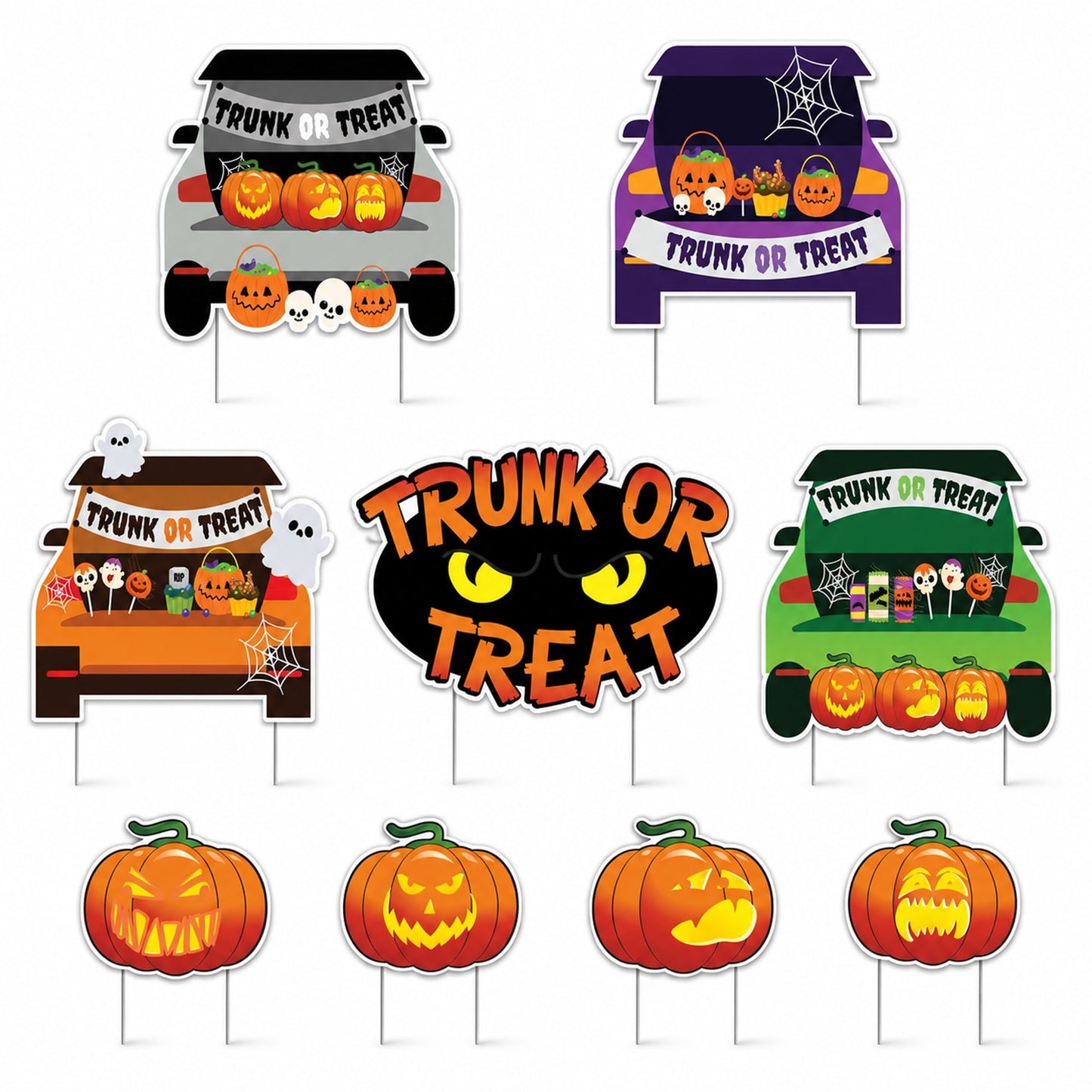 Trunk or Treat Yard Signs, Halloween Yard Decoration 9 Piece Set