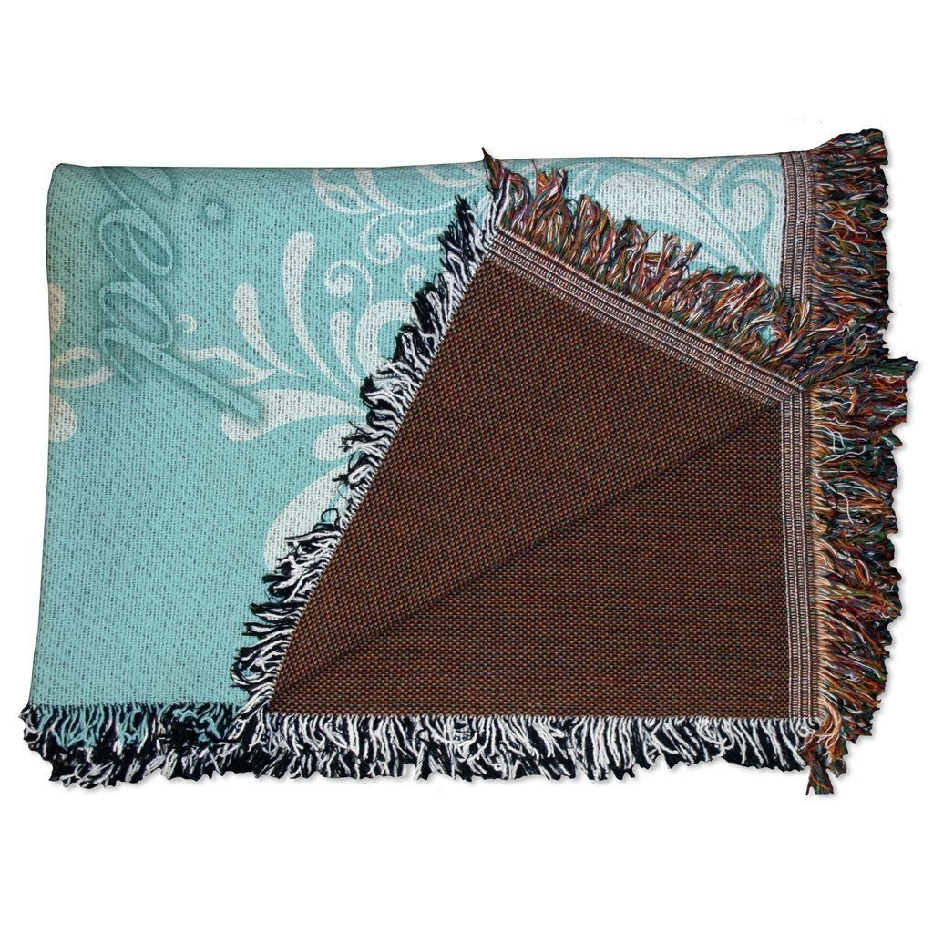 Wedding Themed Woven Blanket - "Just Married" Teal with White Scroll