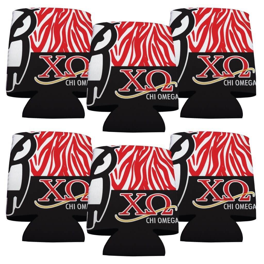 Chi Omega Can Cooler Set of 6 - Red Zebra Print FREE SHIPPING