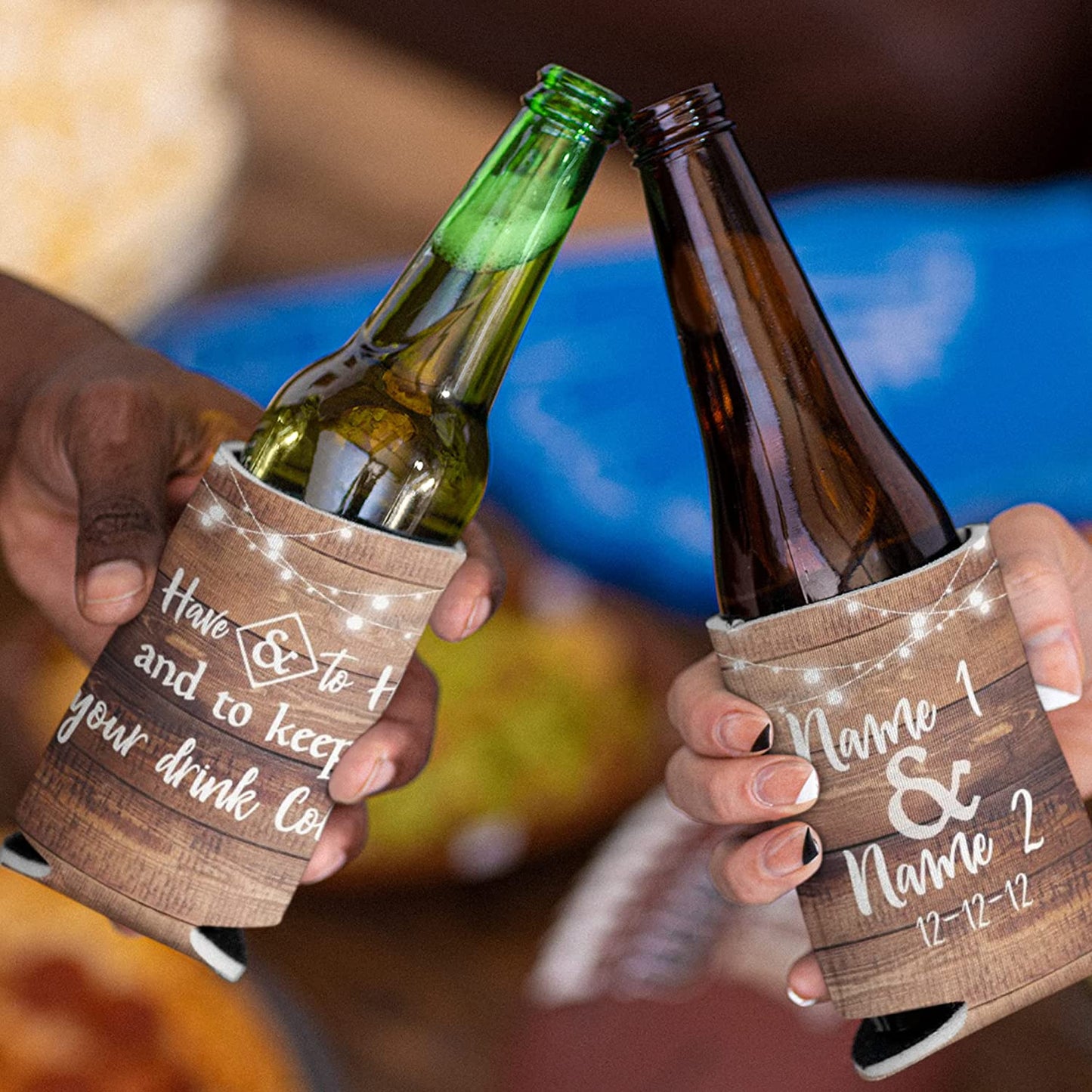 Custom Brown Wood To Have and To Hold Wedding Can Coolers (20215)