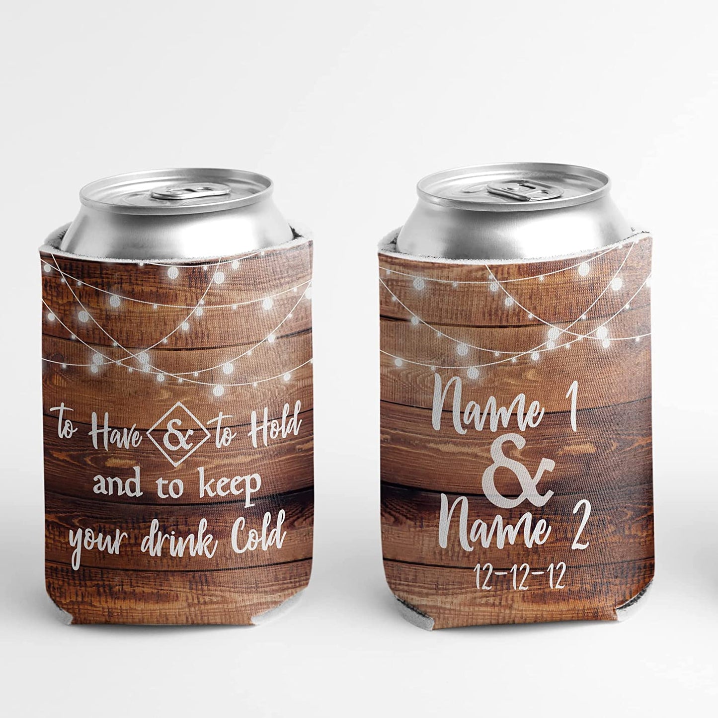 Custom Brown Wood To Have and To Hold Wedding Can Coolers (20215)