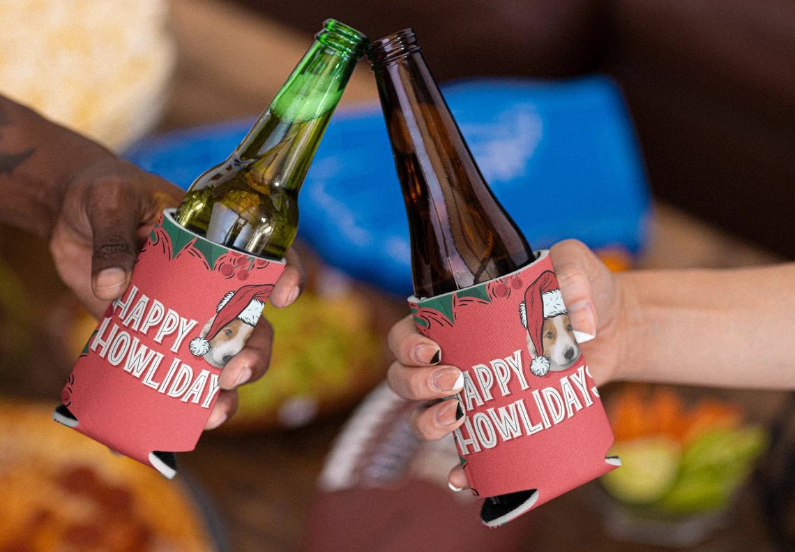Custom Photo Howlidays Dog Can Cooler Set of 6, Happy Holidays Design Add your Pets Face, Fits 12 oz Cans