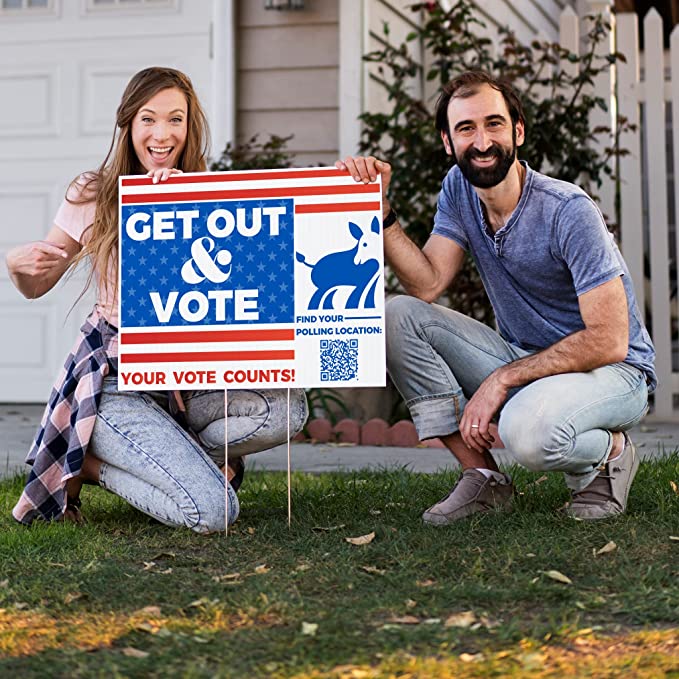 Get Out and Vote (Democrat) with Polling Location QR Code | 18" x 24" | 4 pack