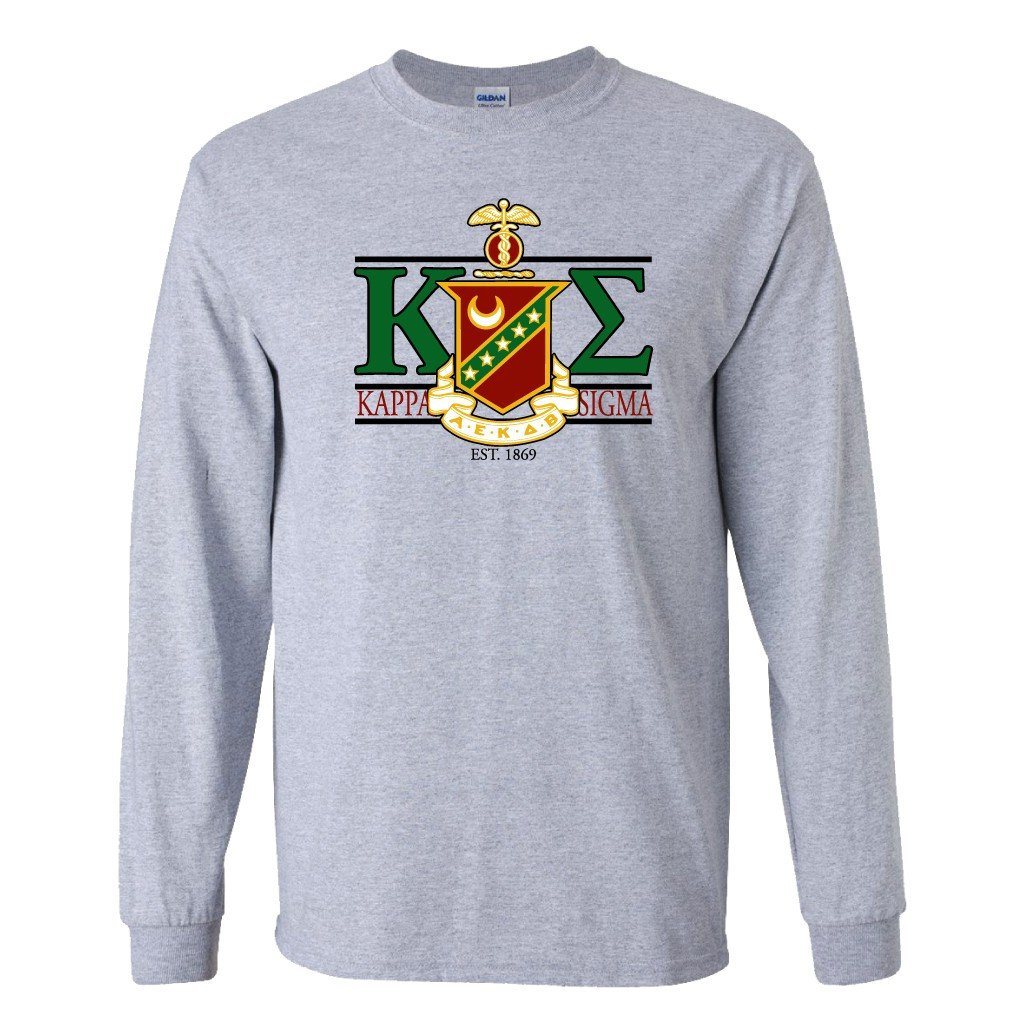 Kappa Sigma Long Sleeve T-shirt Greek Letters with Large Crest Design - FREE SHIPPING