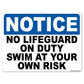 Notice No Lifeguard on Duty 18"x24" Aluminum Sign