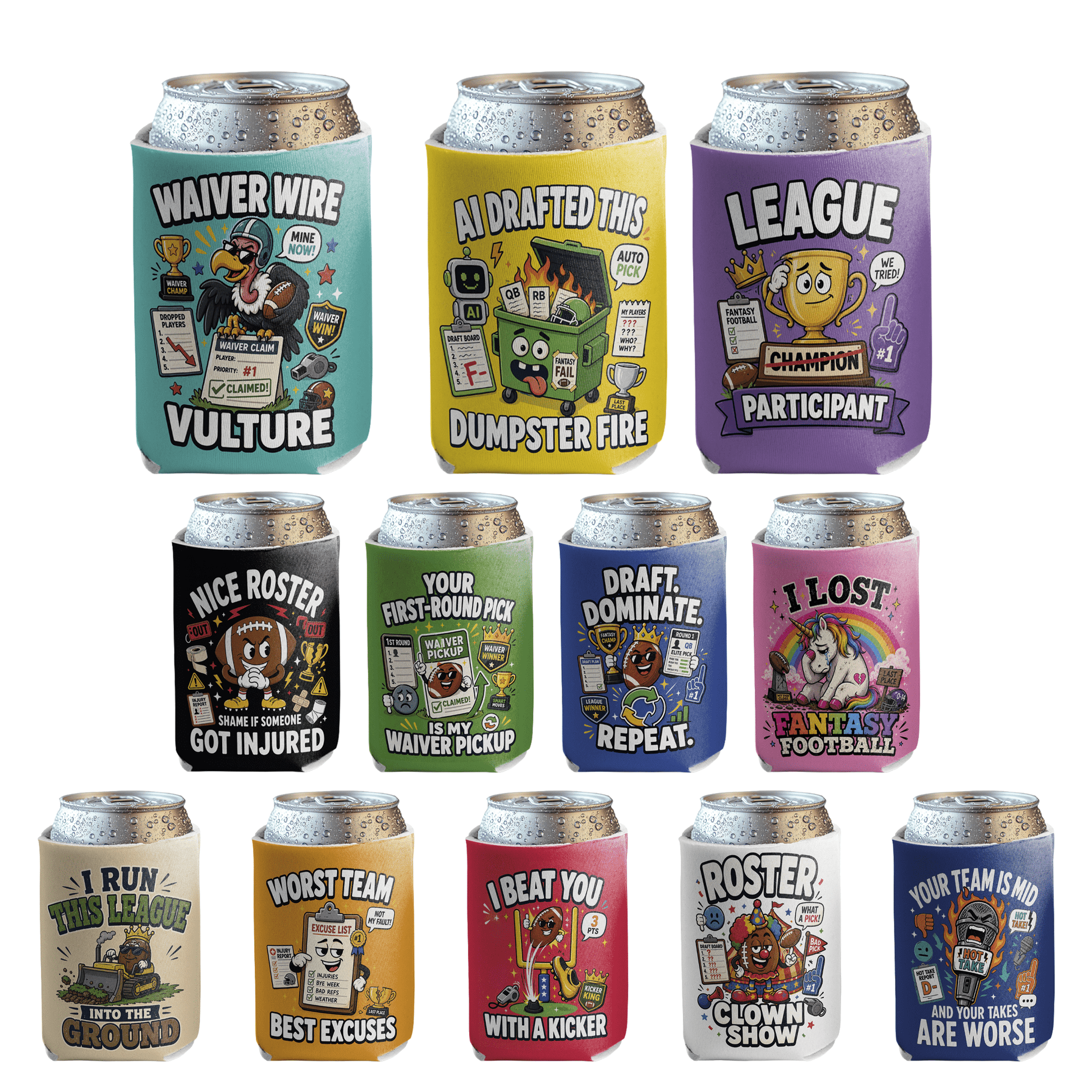 12-Pack Fantasy Football Can Coolers, Funny Football Draft Party Can Sleeves