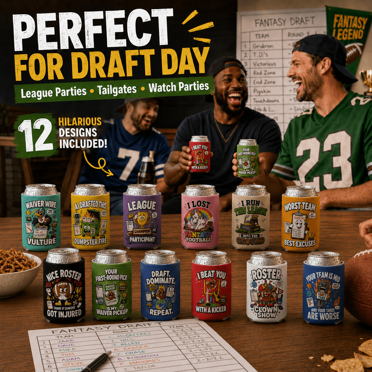 12-Pack Fantasy Football Can Coolers, Funny Football Draft Party Can Sleeves