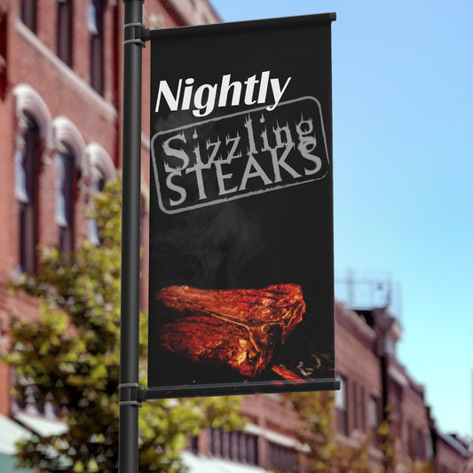 18"x36" Sizzling Steaks Nightly Pole Banner