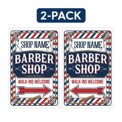 2 - Pack Custom Barber Shop A - Frame Signs – Walk - Ins Welcome with Directional Arrows – 2 - Sided 24"x38" Red White Blue Plastic Sandwich Board