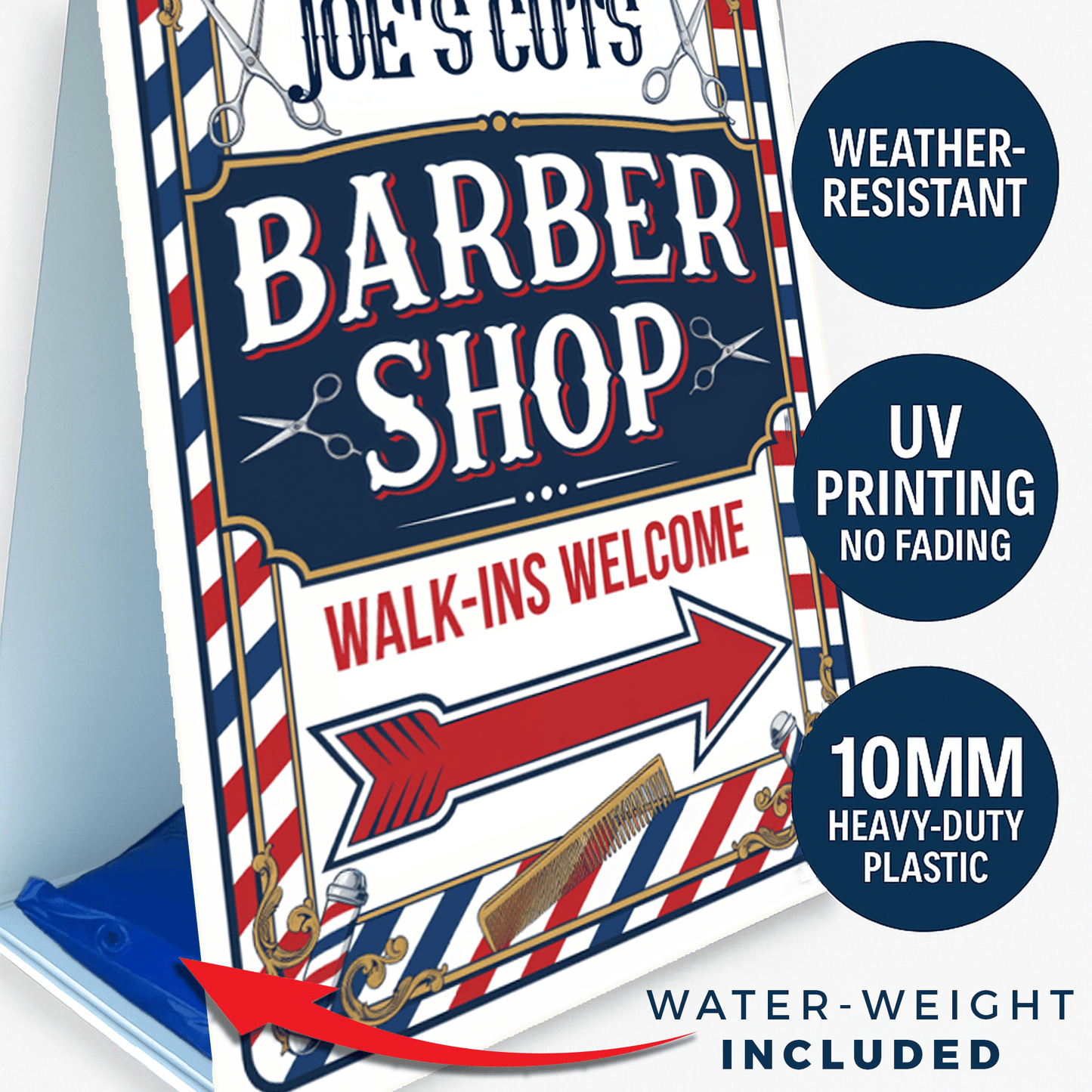 2 - Pack Custom Barber Shop A - Frame Signs – Walk - Ins Welcome with Directional Arrows – 2 - Sided 24"x38" Red White Blue Plastic Sandwich Board