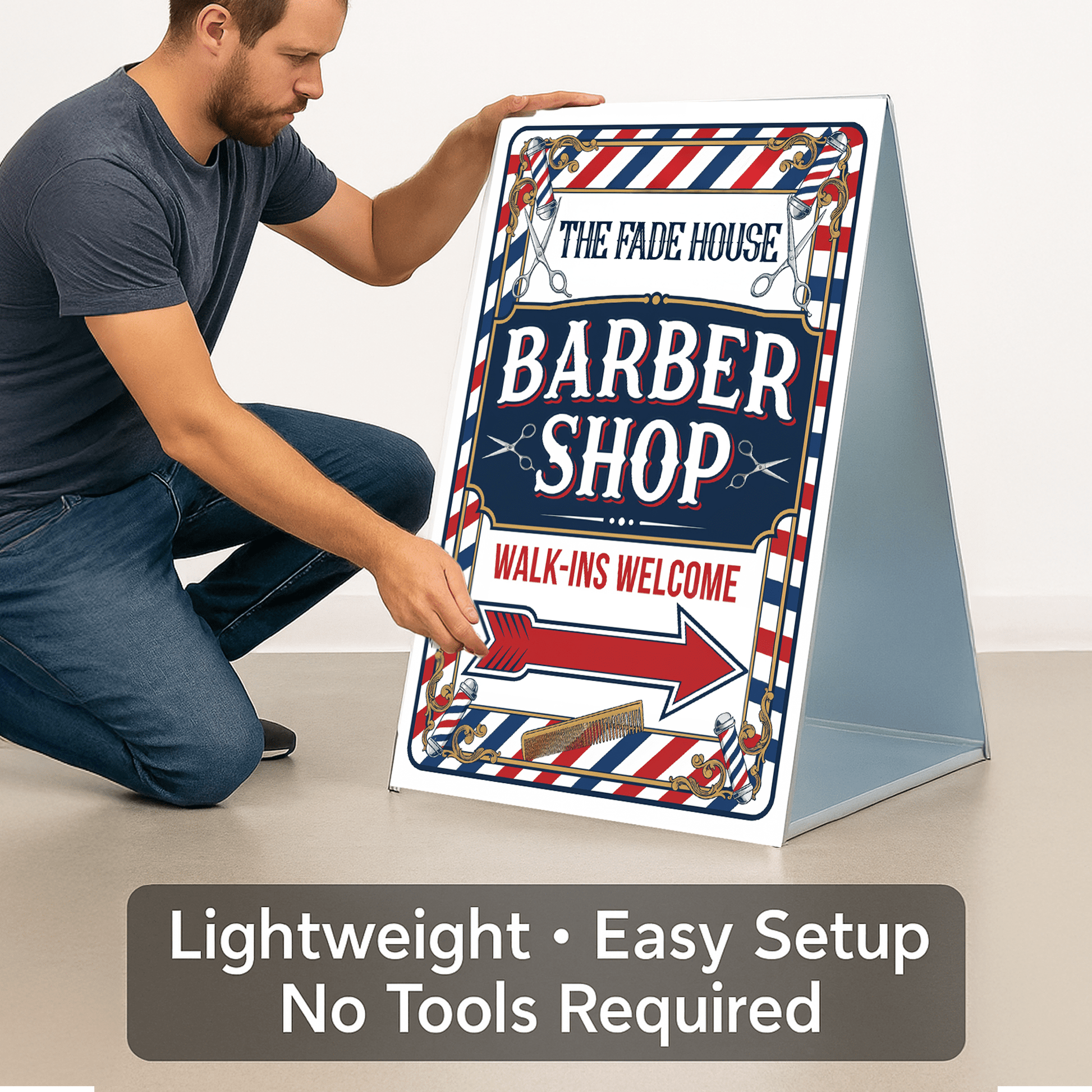 2 - Pack Custom Barber Shop A - Frame Signs – Walk - Ins Welcome with Directional Arrows – 2 - Sided 24"x38" Red White Blue Plastic Sandwich Board