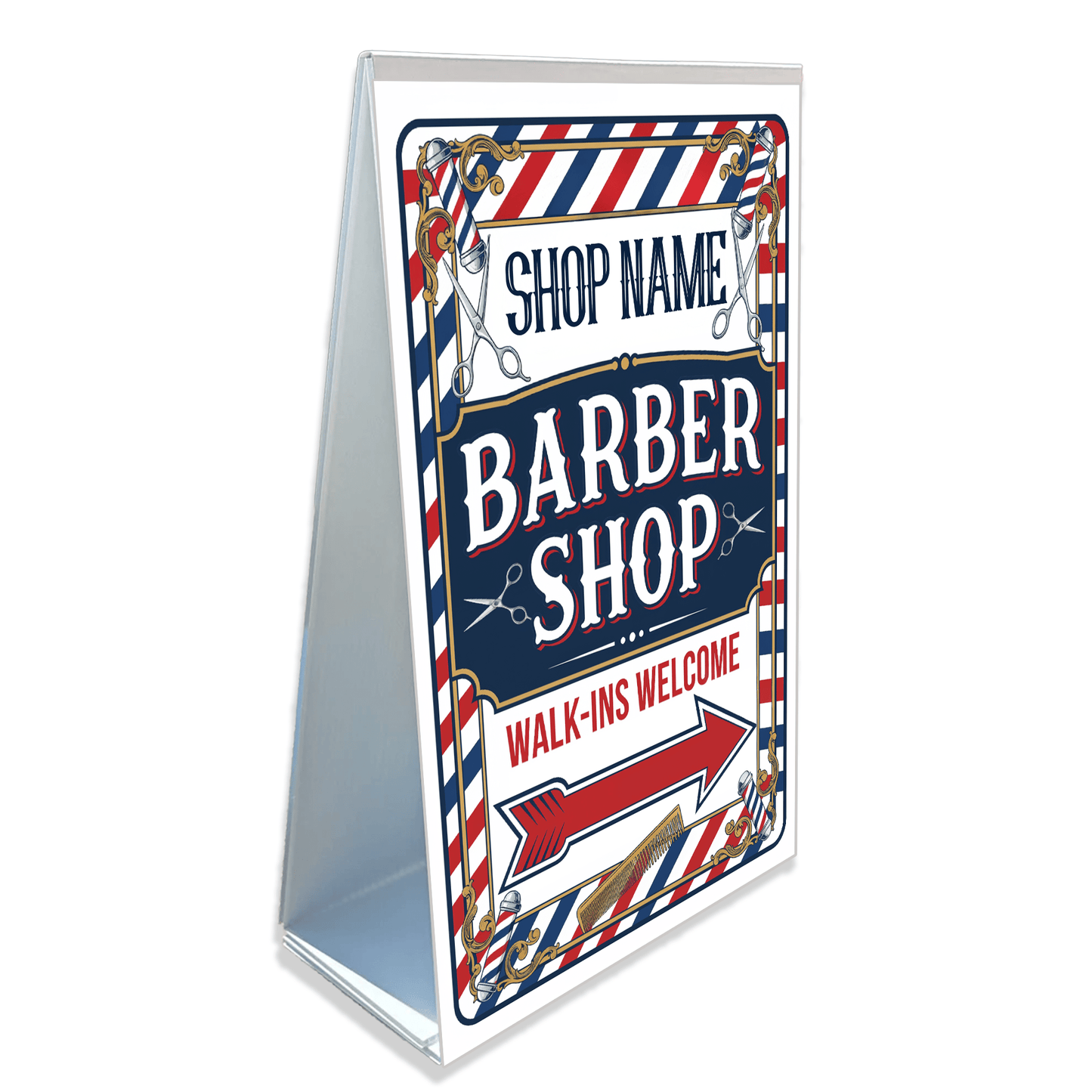 2 - Pack Custom Barber Shop A - Frame Signs – Walk - Ins Welcome with Directional Arrows – 2 - Sided 24"x38" Red White Blue Plastic Sandwich Board