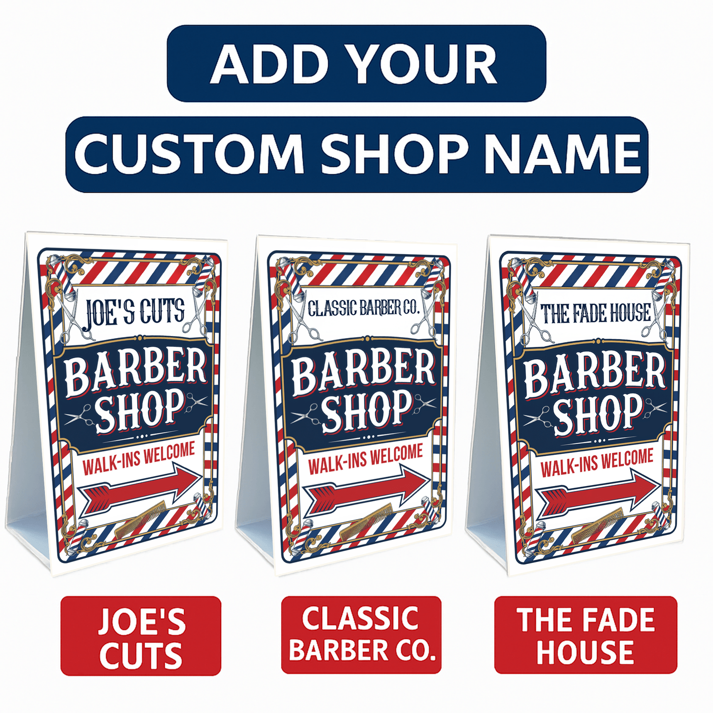2 - Pack Custom Barber Shop A - Frame Signs – Walk - Ins Welcome with Directional Arrows – 2 - Sided 24"x38" Red White Blue Plastic Sandwich Board