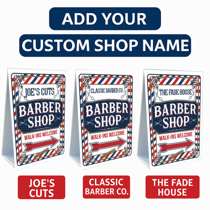 2 - Pack Custom Barber Shop A - Frame Signs – Walk - Ins Welcome with Directional Arrows – 2 - Sided 24"x38" Red White Blue Plastic Sandwich Board