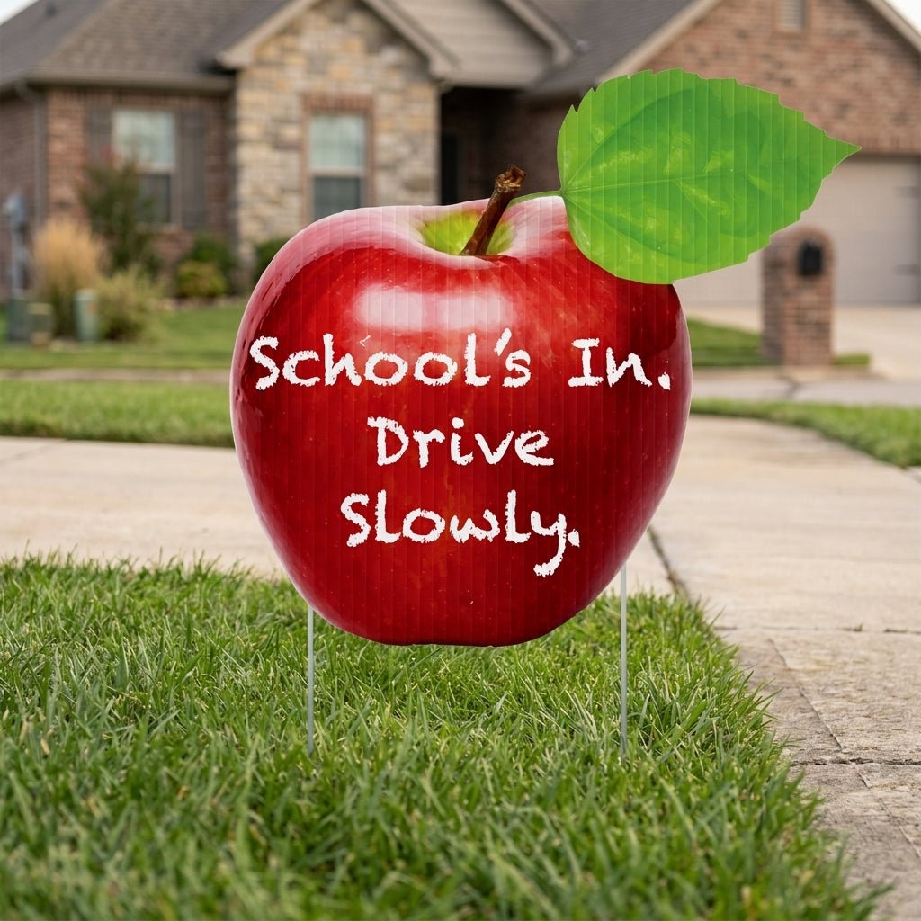 22" Apple Shaped Yard Sign - School's In Drive Slowly Sign