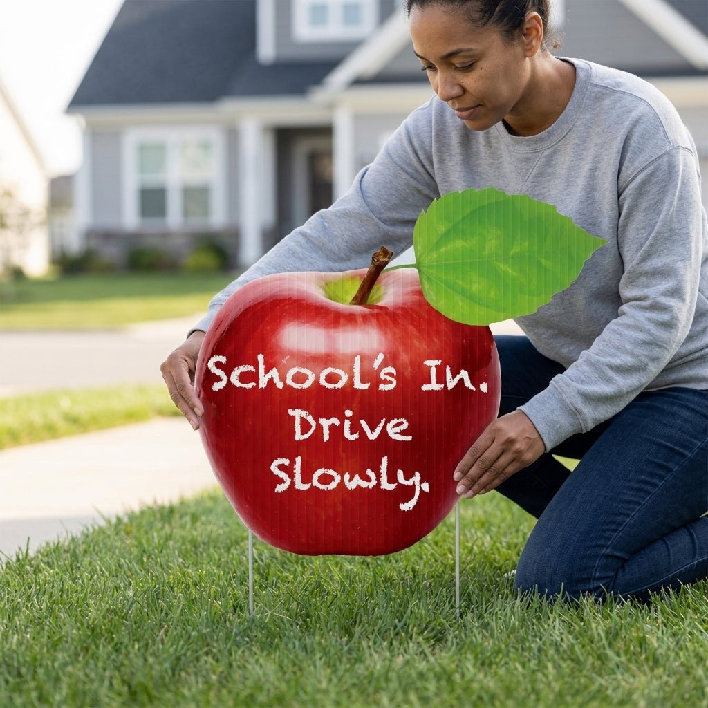 22" Apple Shaped Yard Sign - School's In Drive Slowly Sign