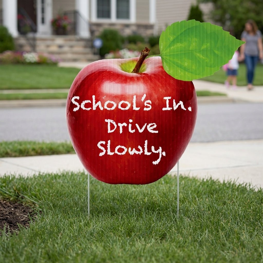 22" Apple Shaped Yard Sign - School's In Drive Slowly Sign