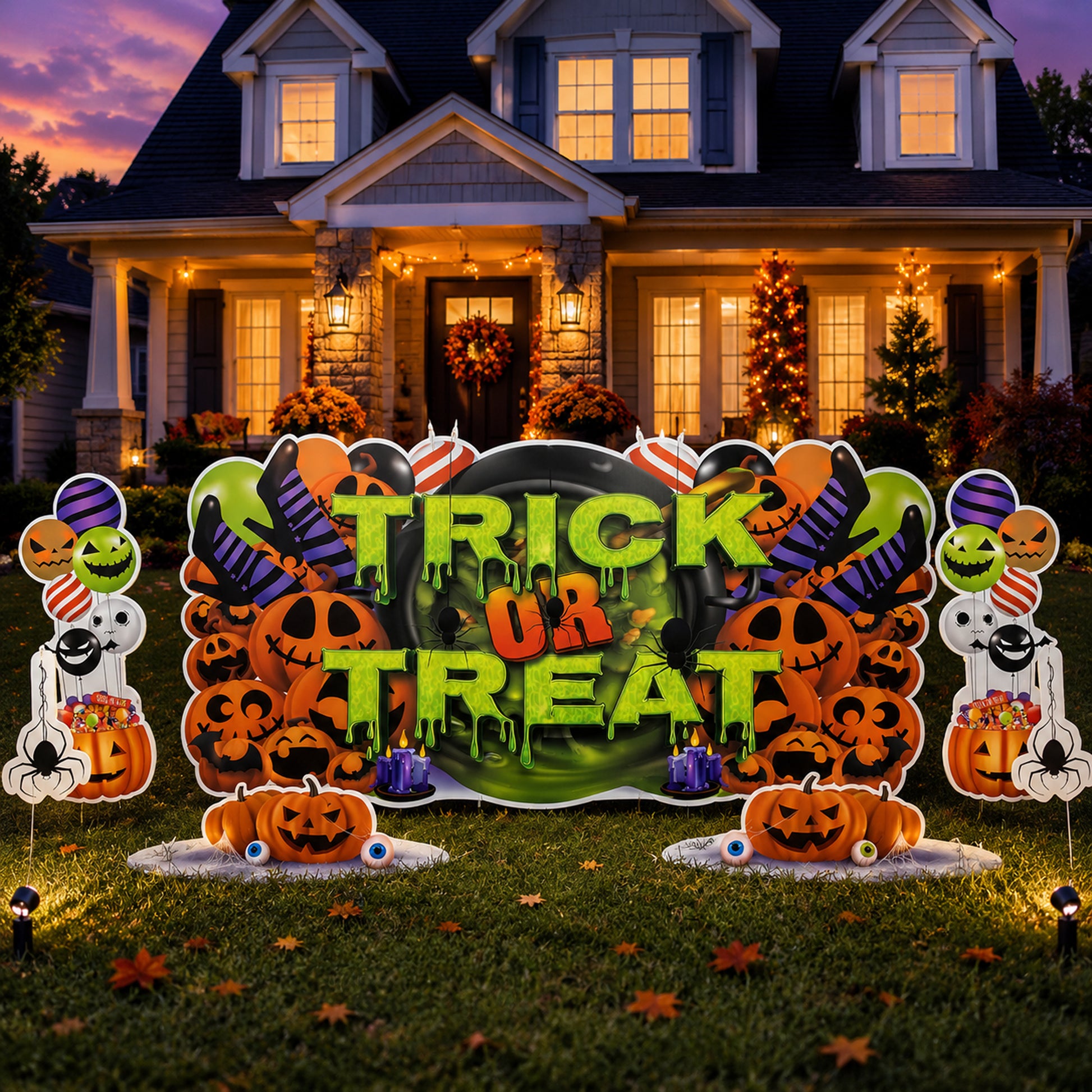 Halloween-themed decorations in front of a house with 'Trick or Treat' sign.