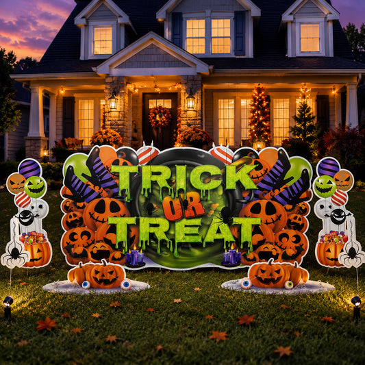 Halloween-themed decorations in front of a house with 'Trick or Treat' sign.