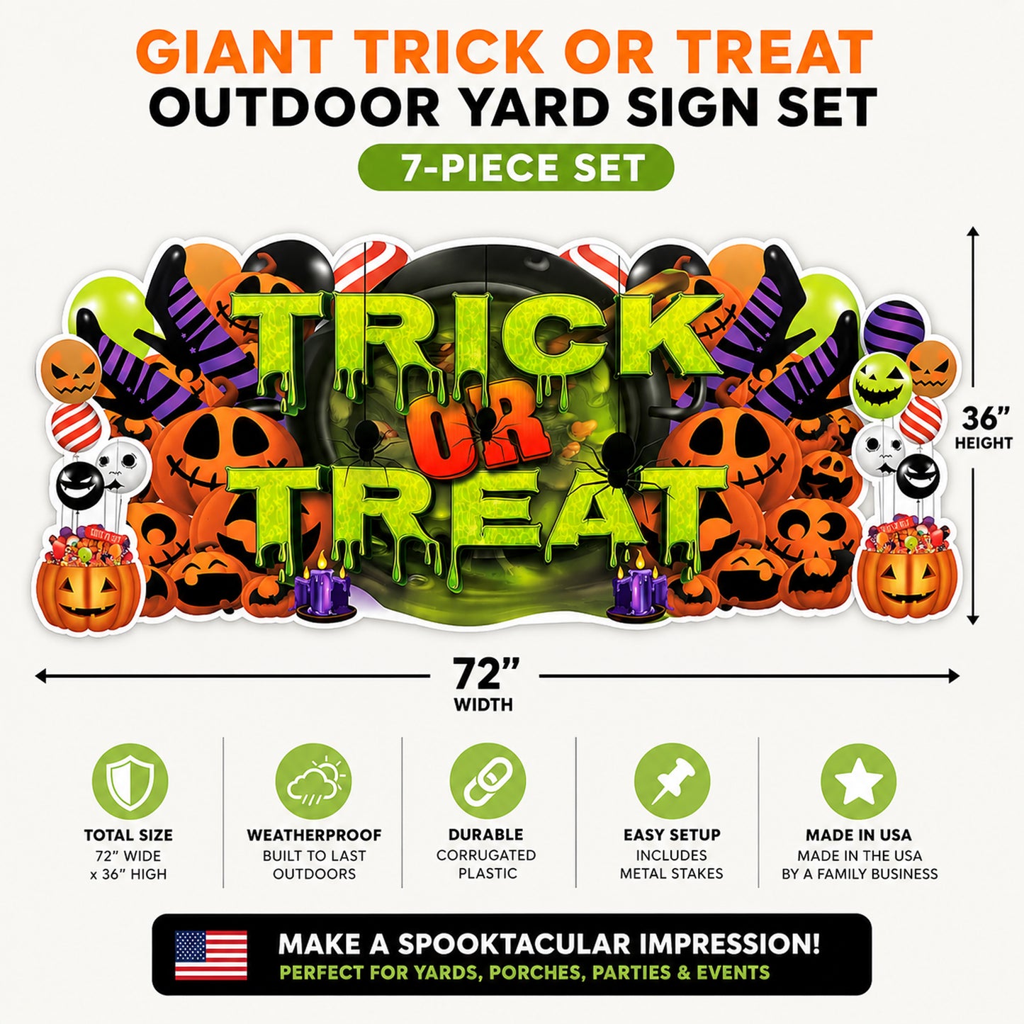Halloween outdoor yard sign set with 'Trick or Treat' text and pumpkins, dimensions, and features listed.