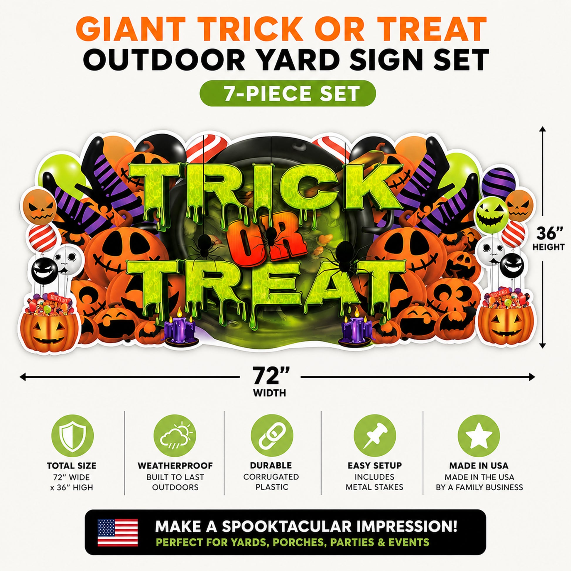 Halloween outdoor yard sign set with 'Trick or Treat' text and pumpkins, dimensions, and features listed.