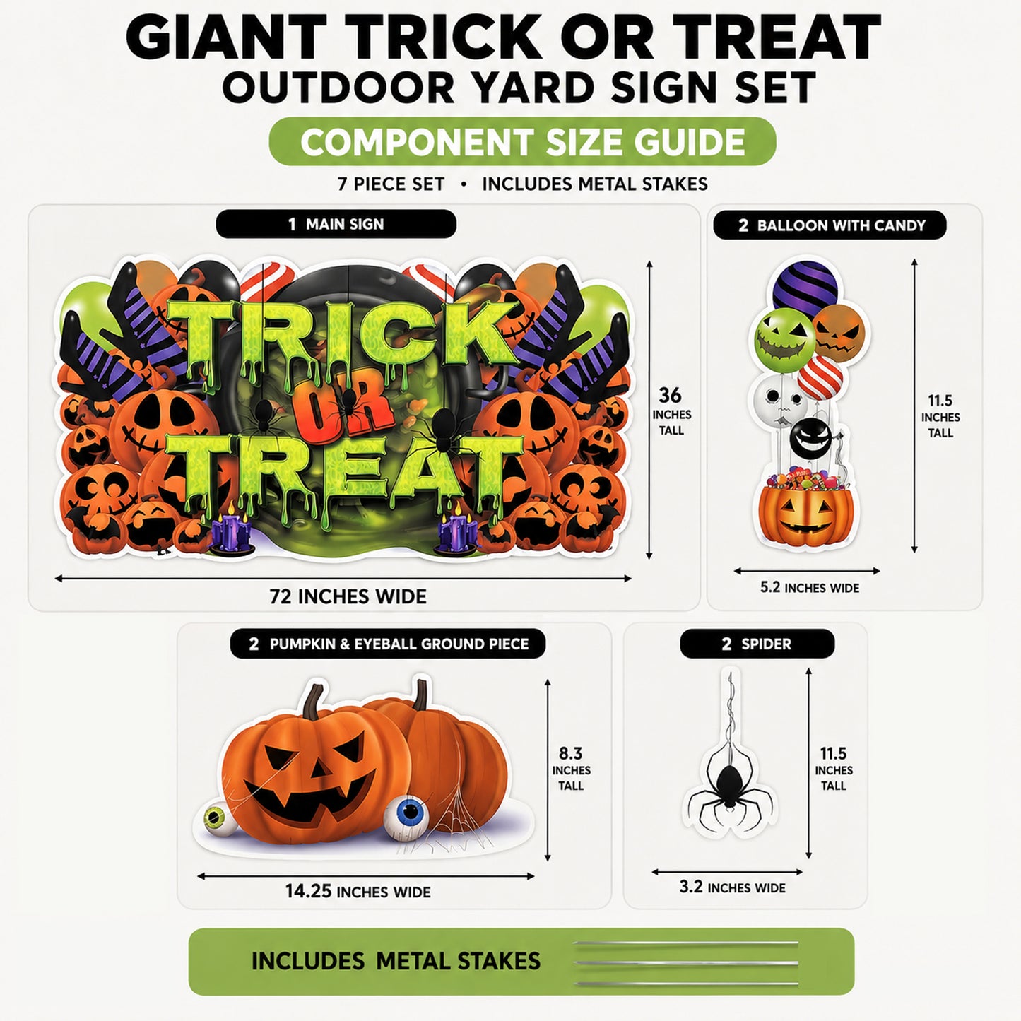Halloween outdoor yard sign set with component size guide on a white background
