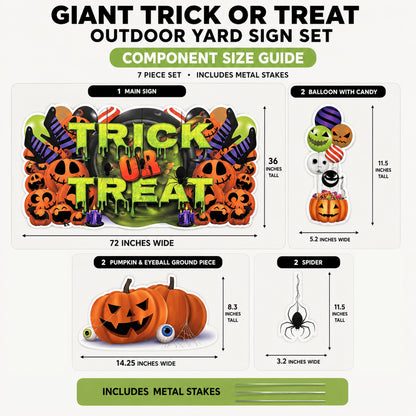 Halloween outdoor yard sign set with component size guide on a white background