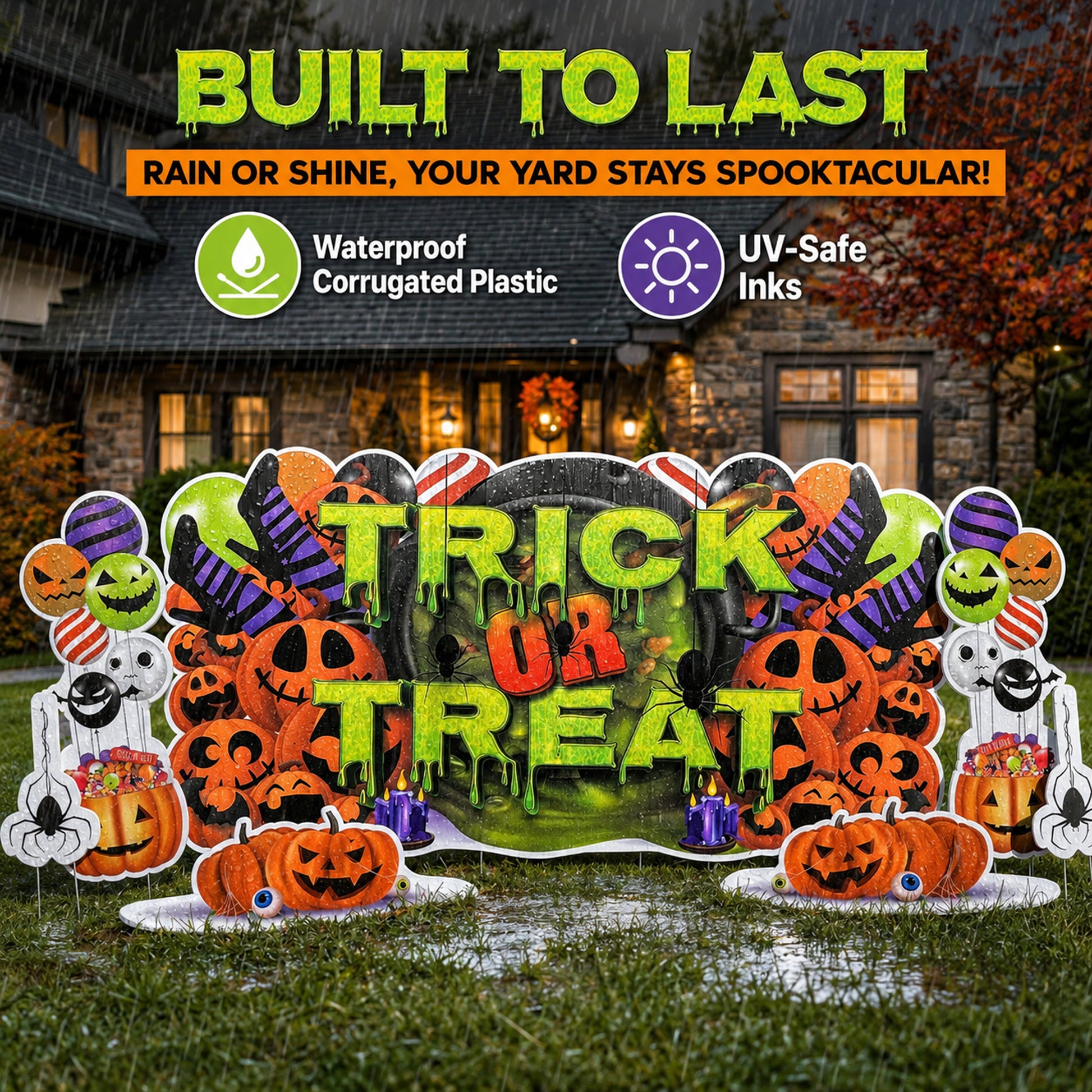 Halloween-themed yard sign with pumpkins, ghosts, and text 'Trick or Treat' in front of a house.