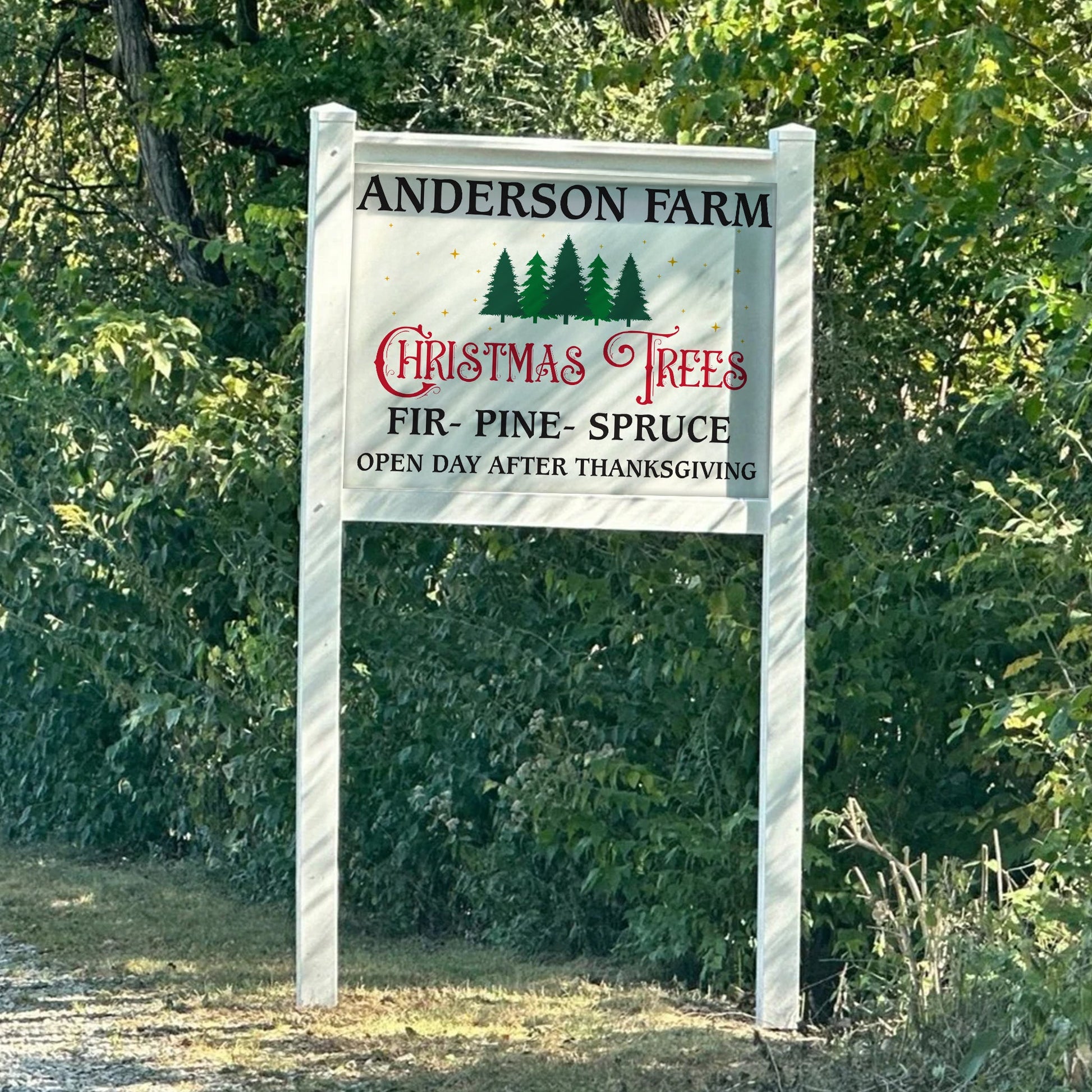 3' x 4' Custom Christmas Tree Farm Sign with Vinyl Frame Kit | Includes 3mm ACM Panel, 8' Vinyl Posts, and Rails