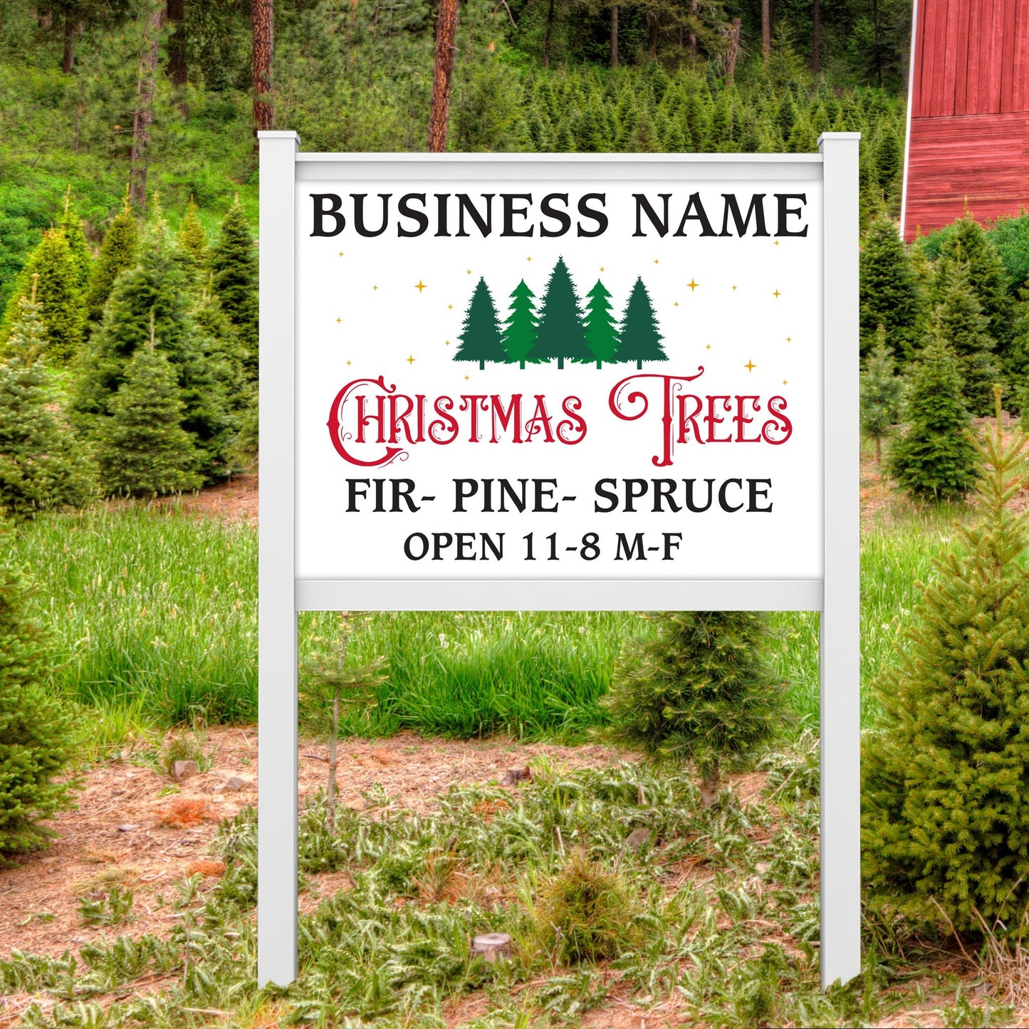 3' x 4' Custom Christmas Tree Farm Sign with Vinyl Frame Kit | Includes 3mm ACM Panel, 8' Vinyl Posts, and Rails