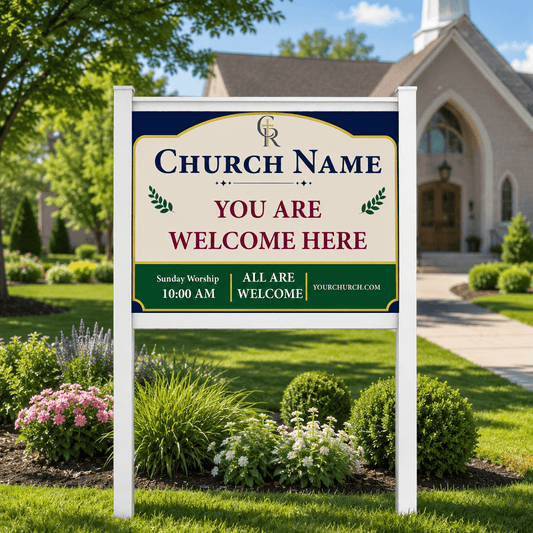 3' x 4' Custom Church Welcome Sign with Vinyl Frame Kit | Includes 3mm ACM Panel, 8' Vinyl Posts & Rails