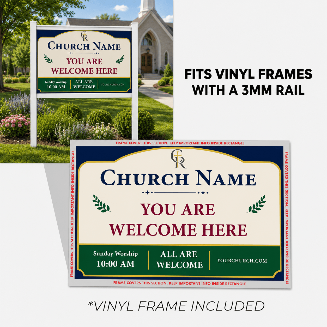 3' x 4' Custom Church Welcome Sign with Vinyl Frame Kit | Includes 3mm ACM Panel, 8' Vinyl Posts & Rails