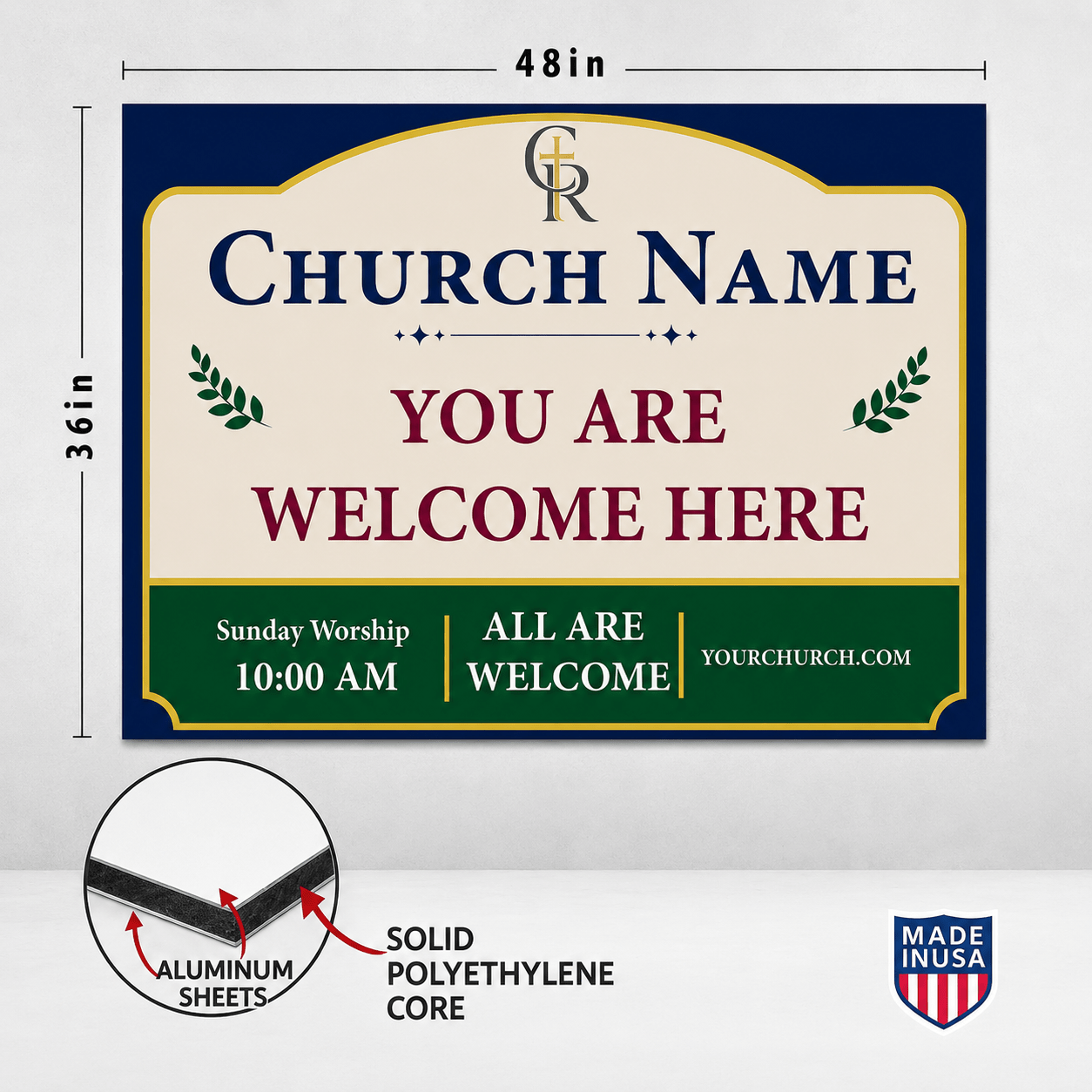 3' x 4' Custom Church Welcome Sign with Vinyl Frame Kit | Includes 3mm ACM Panel, 8' Vinyl Posts & Rails