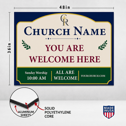 3' x 4' Custom Church Welcome Sign with Vinyl Frame Kit | Includes 3mm ACM Panel, 8' Vinyl Posts & Rails