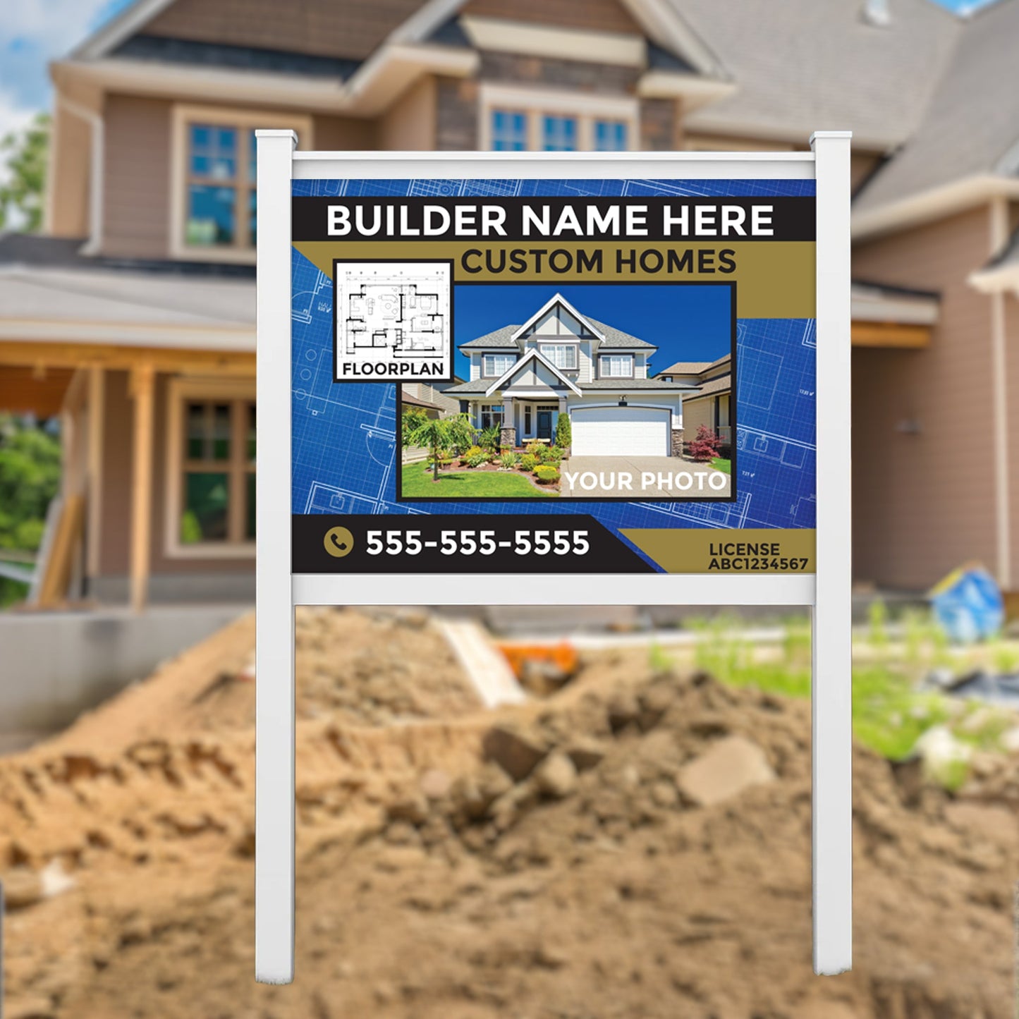 3' x 4' Custom Construction Job Site Sign with Vinyl Frame Kit | Includes 3mm ACM Panel, 8' Vinyl Posts & Rails