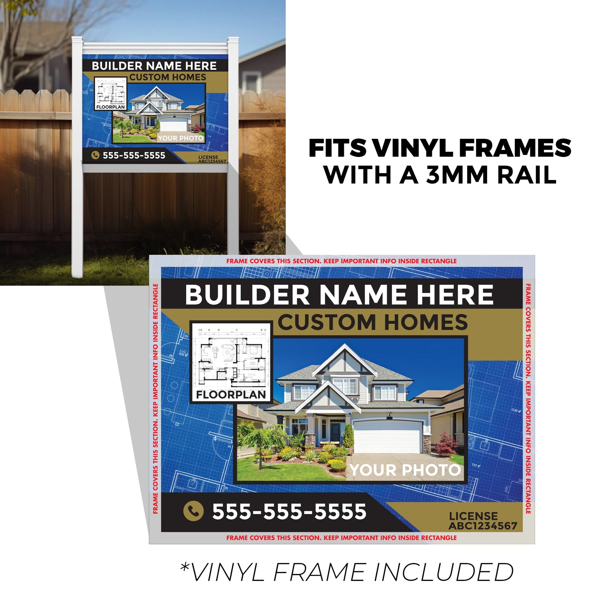 3' x 4' Custom Construction Job Site Sign with Vinyl Frame Kit | Includes 3mm ACM Panel, 8' Vinyl Posts & Rails