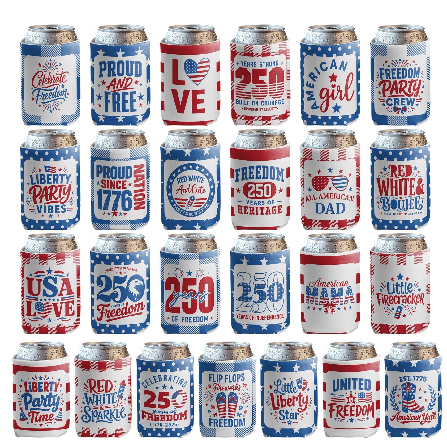 4th of July Can Coolers America's 250th Anniversary, 25 Unique Patriotic Designs, Fits 12oz Cans