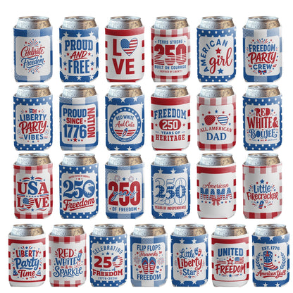 4th of July Can Coolers America's 250th Anniversary, 25 Unique Patriotic Designs, Fits 12oz Cans