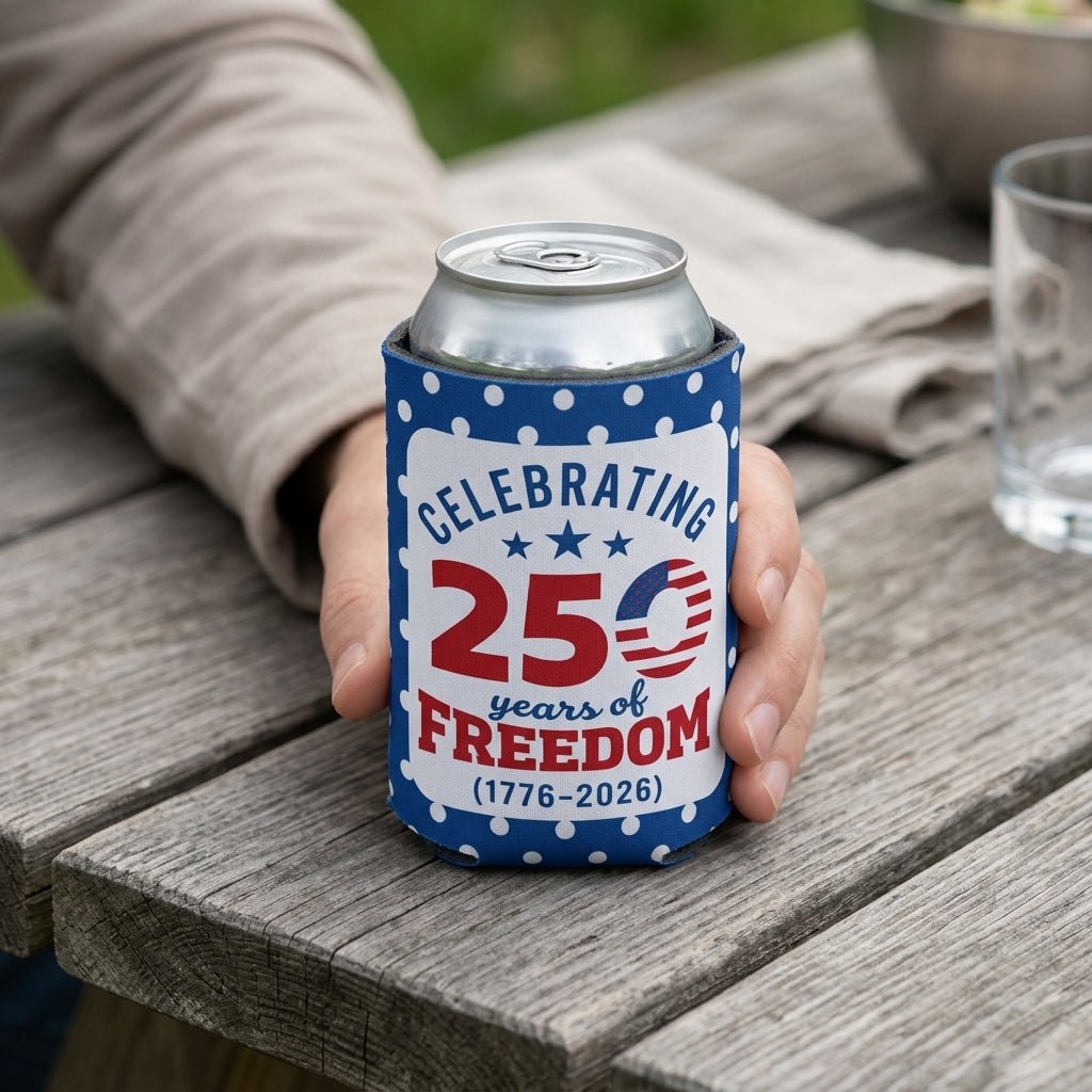 4th of July Can Coolers America's 250th Anniversary, 25 Unique Patriotic Designs, Fits 12oz Cans
