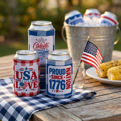 4th of July Can Coolers America's 250th Anniversary, 25 Unique Patriotic Designs, Fits 12oz Cans