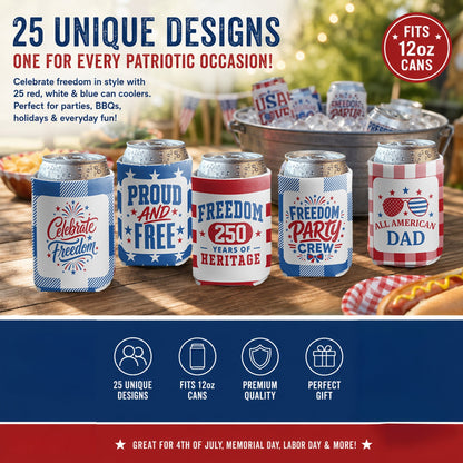 4th of July Can Coolers America's 250th Anniversary, 25 Unique Patriotic Designs, Fits 12oz Cans