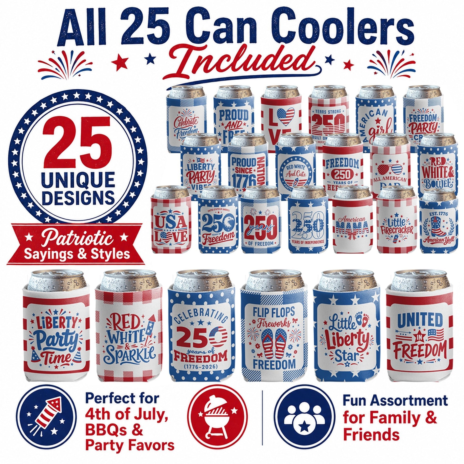 4th of July Can Coolers America's 250th Anniversary, 25 Unique Patriotic Designs, Fits 12oz Cans